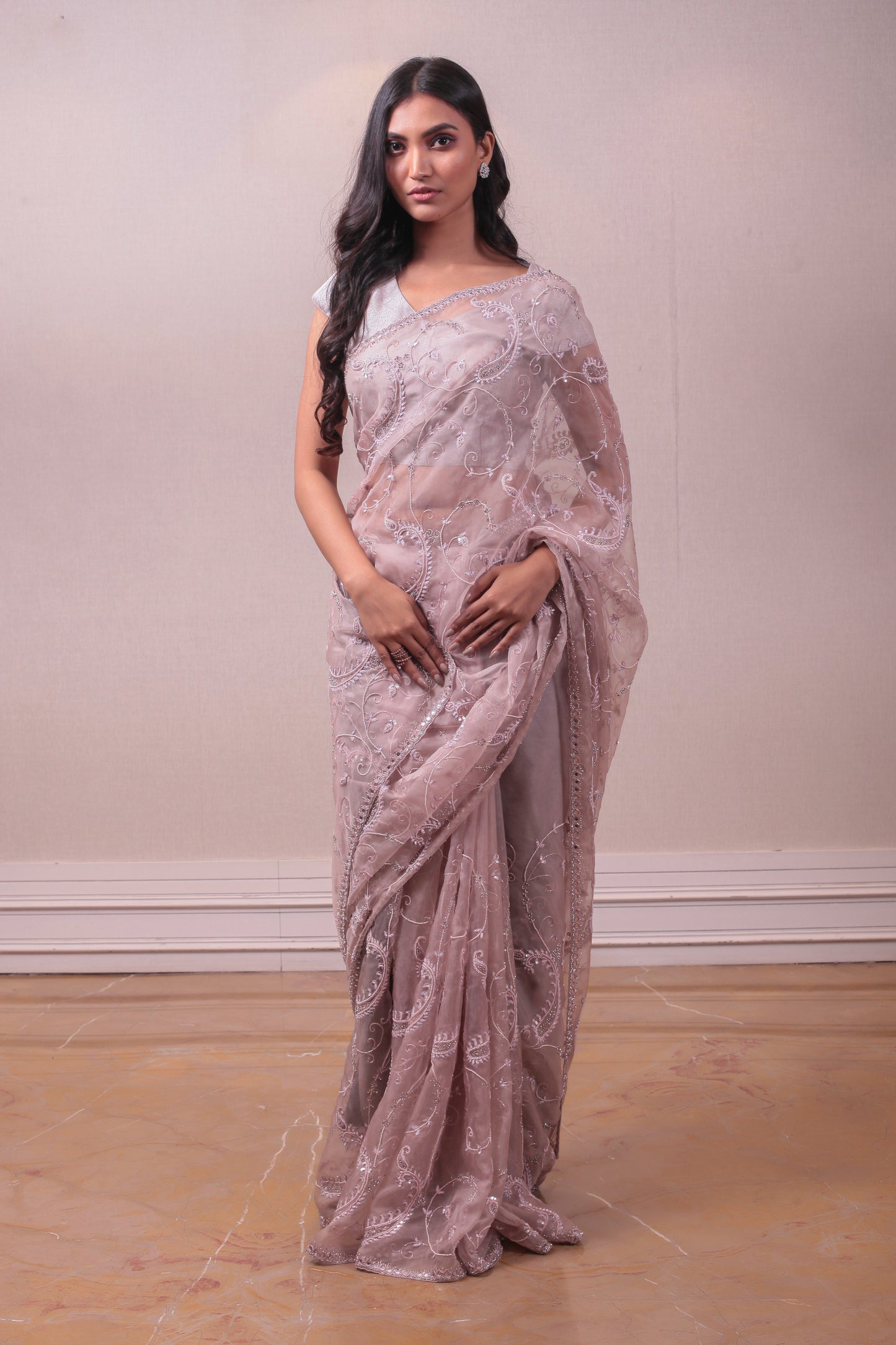 Designer Pastel Pink Organza Muslin Saree