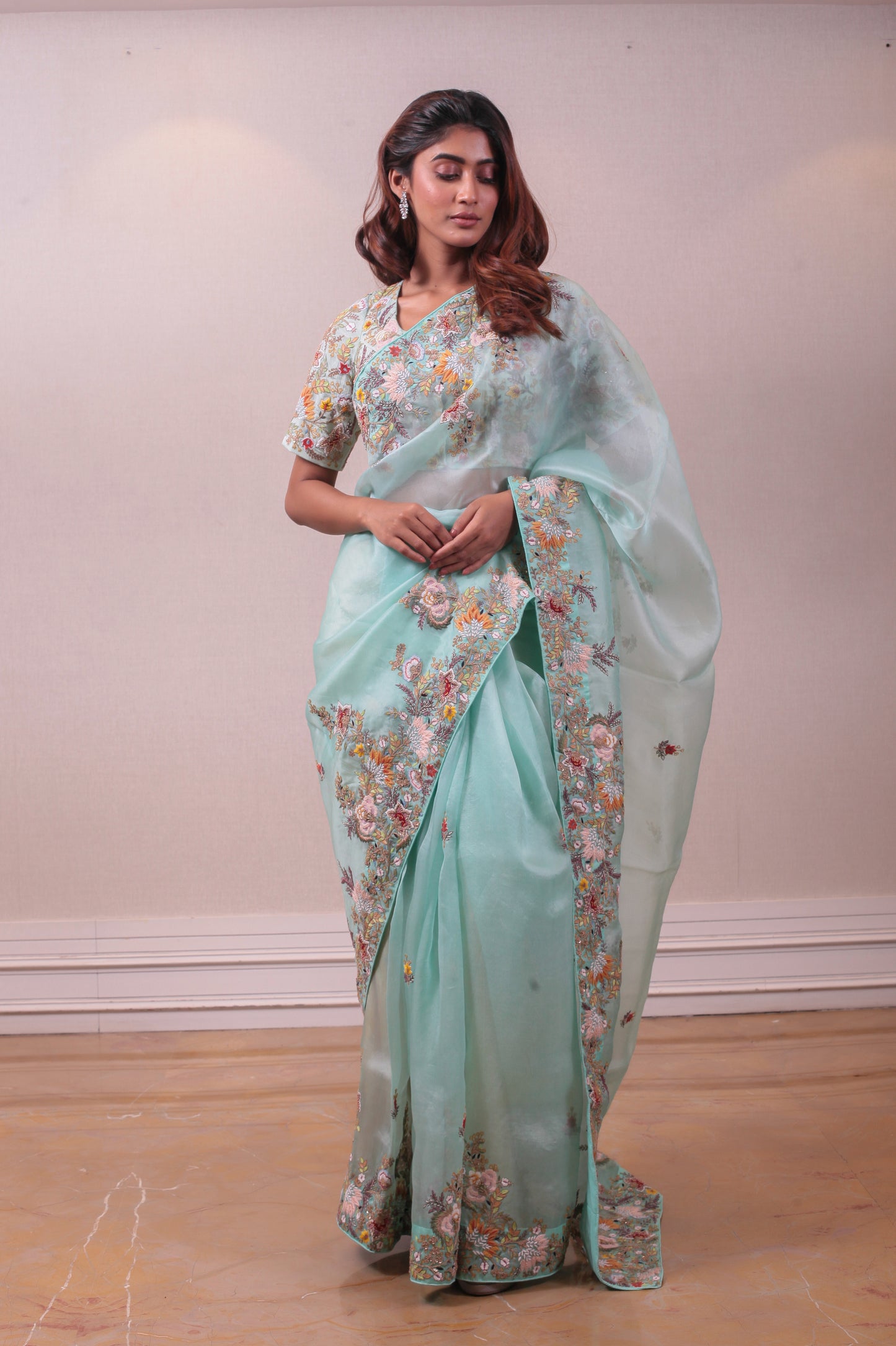 Designer Sea Green Organza Saree