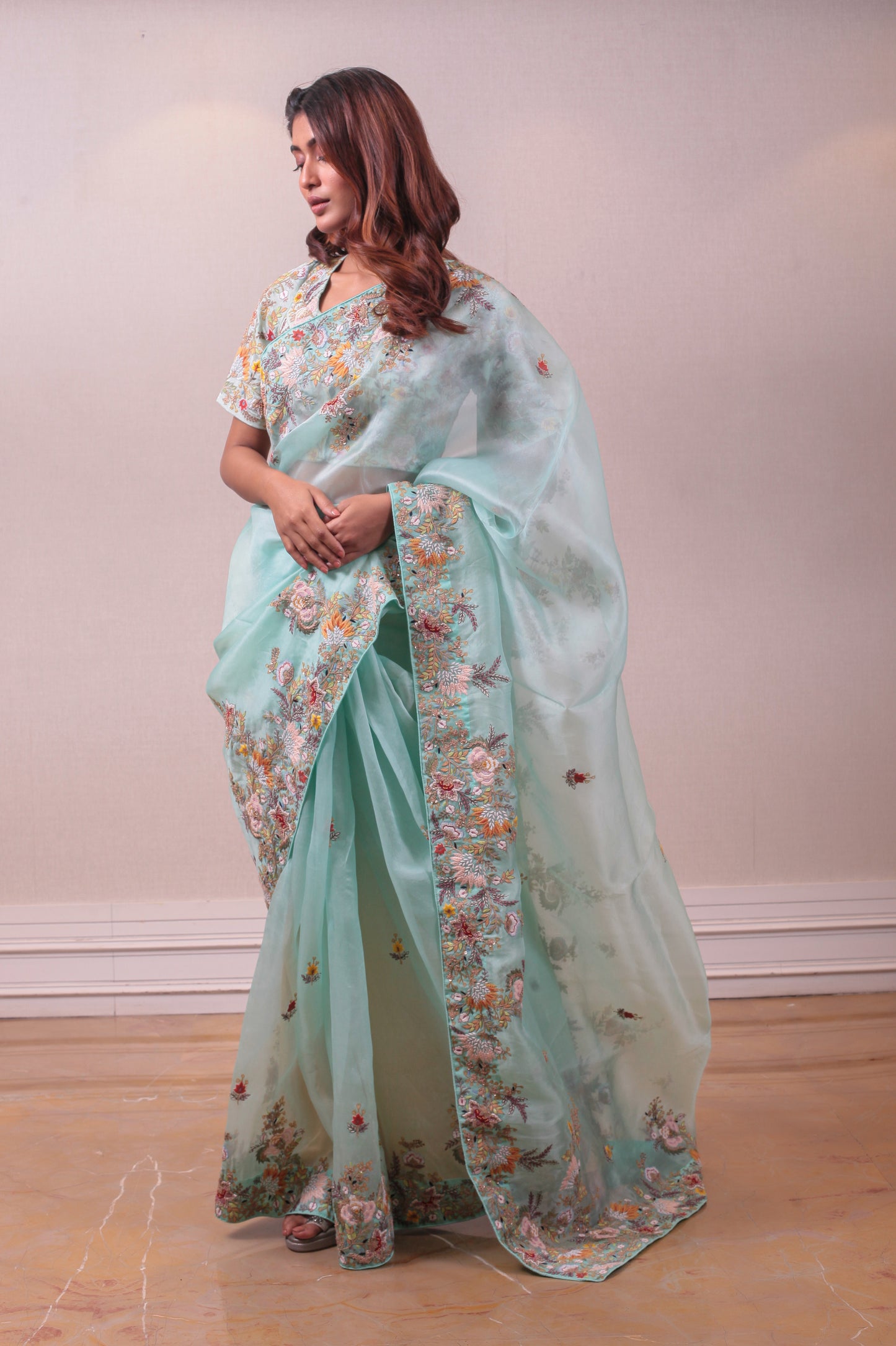 Designer Sea Green Organza Saree