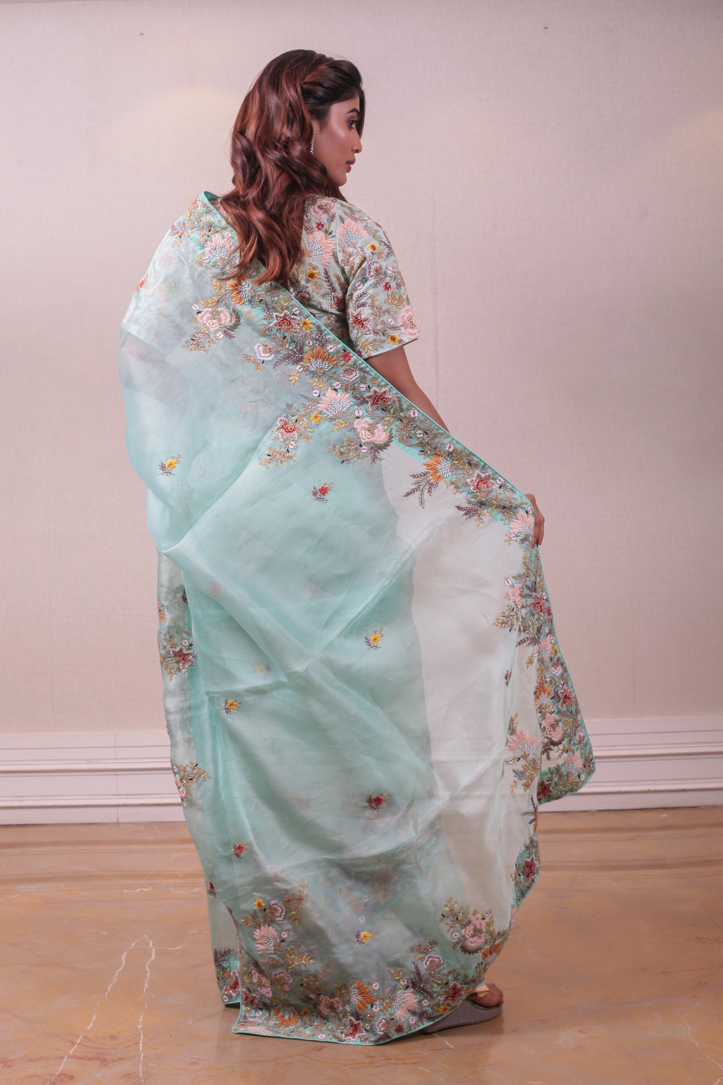 Designer Sea Green Organza Saree