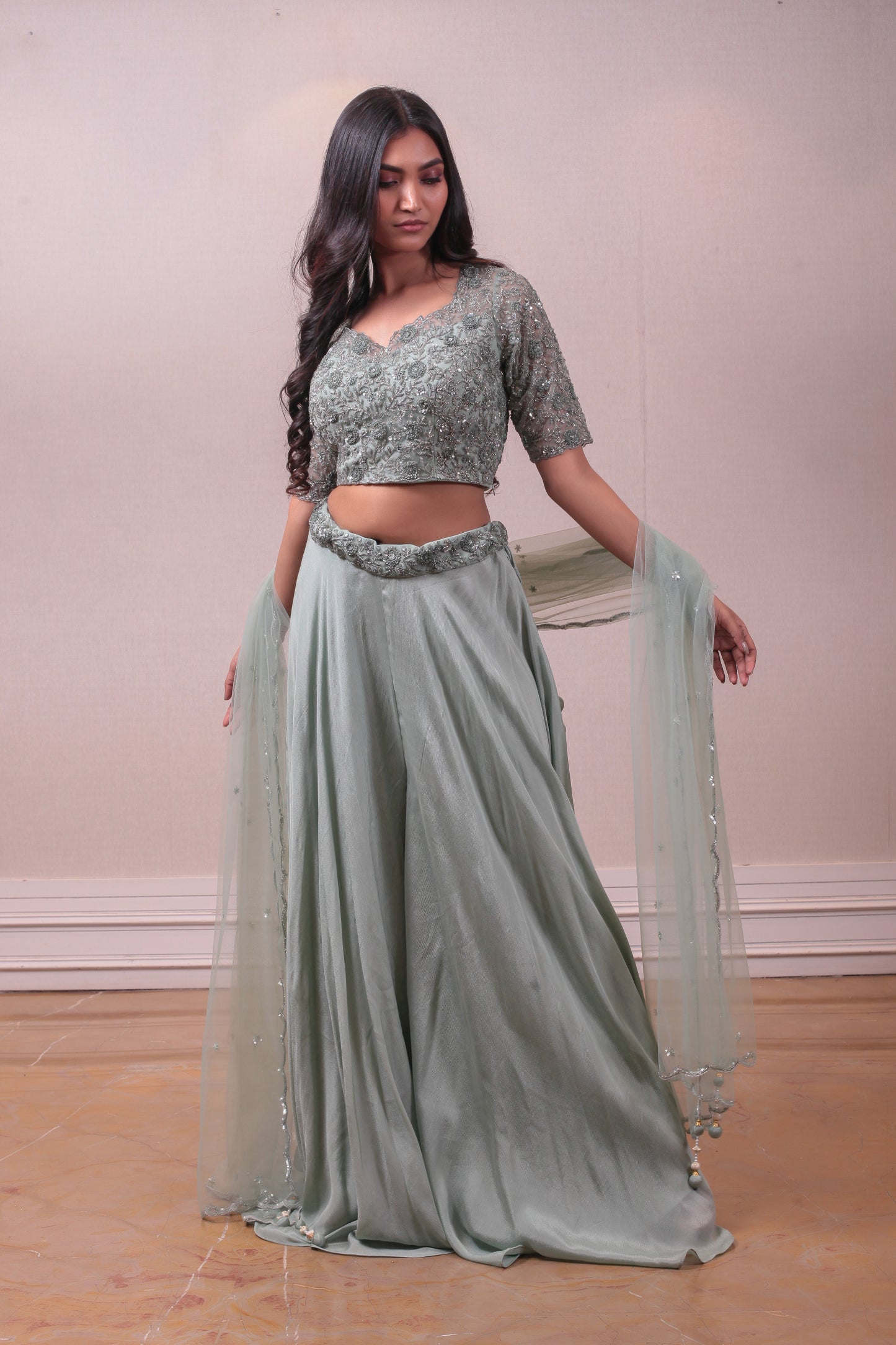 Designer Greyish Blue Net Embodied sharara Set