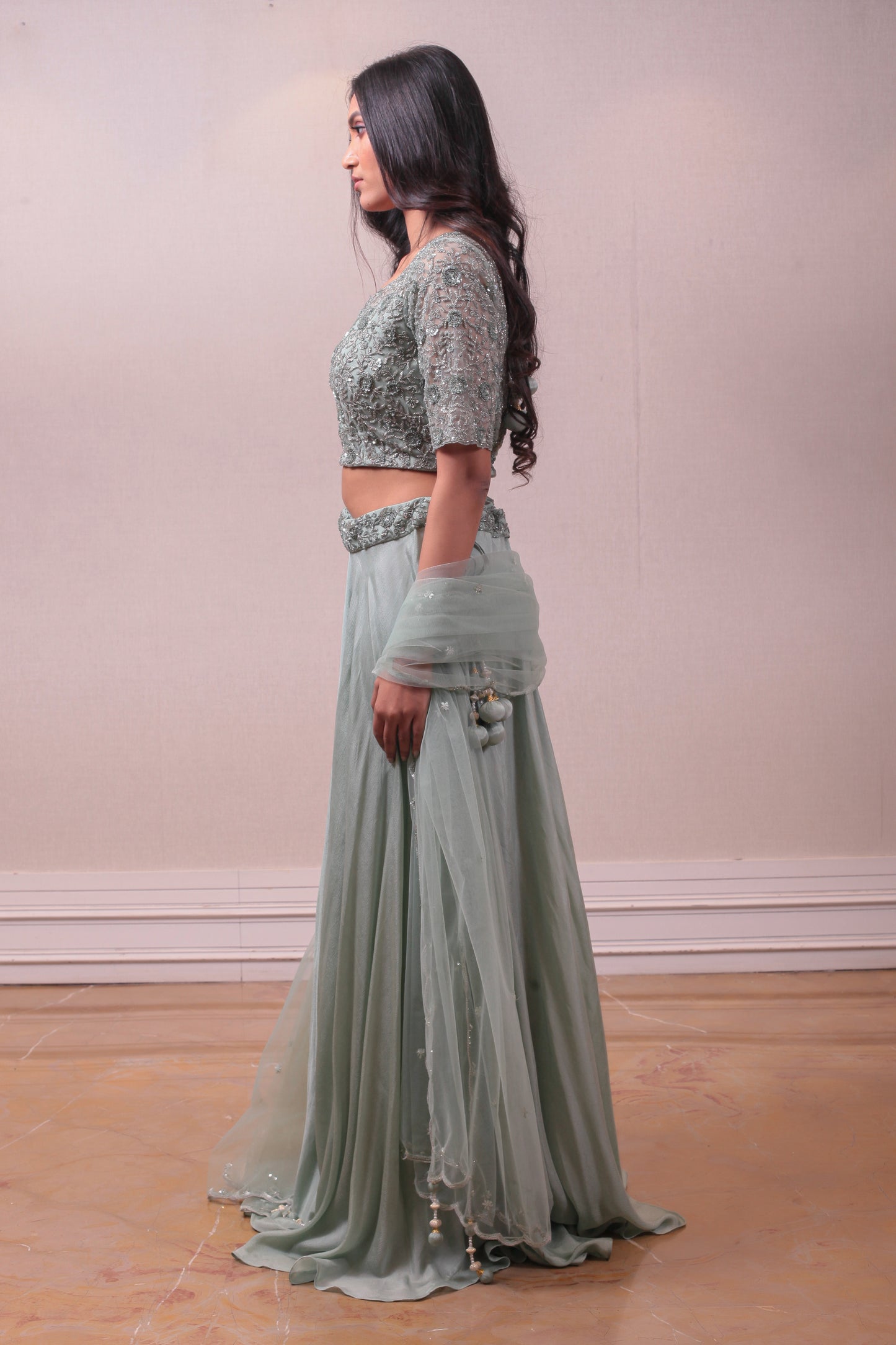 Designer Greyish Blue Net Embodied sharara Set