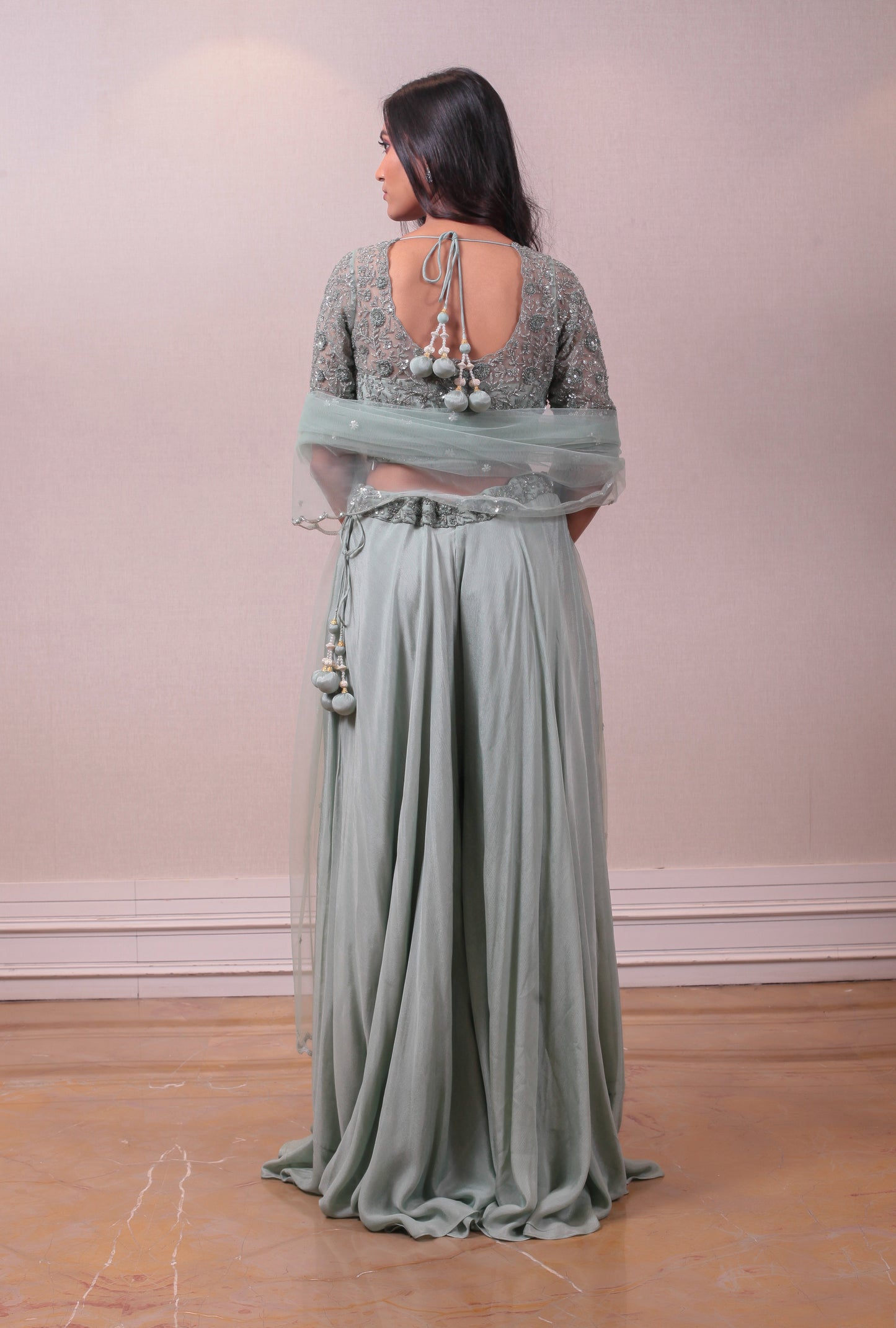 Designer Greyish Blue Net Embodied sharara Set