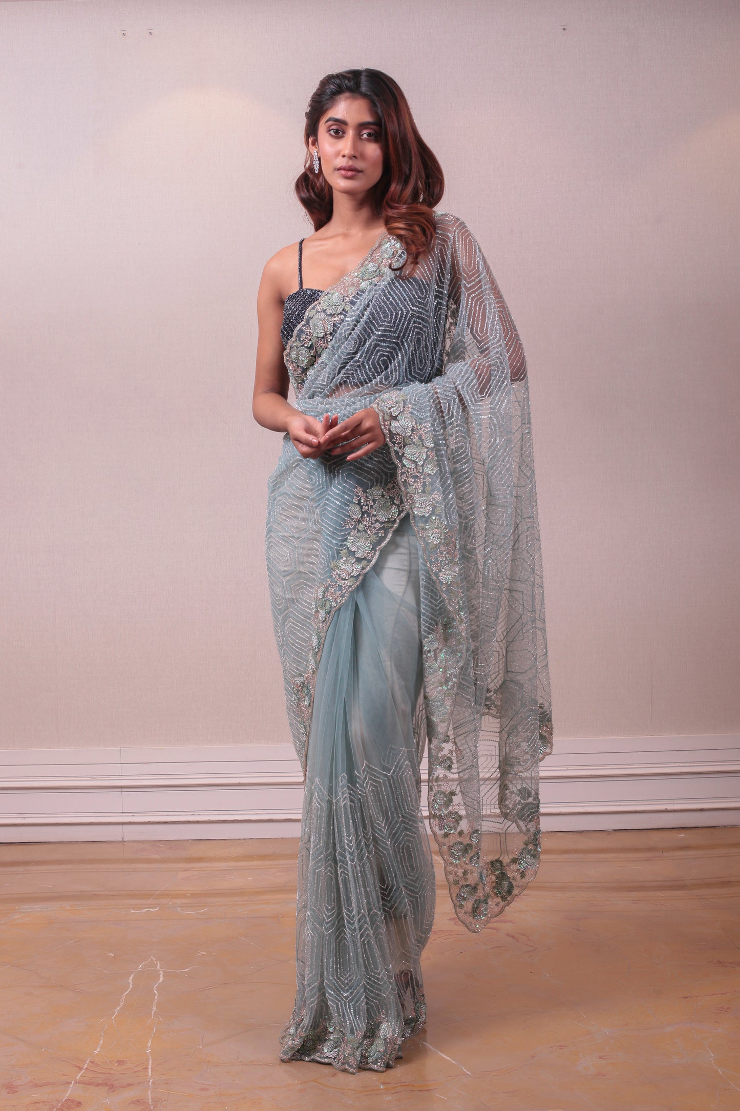 Designer Sky Blue Net Embellished Saree