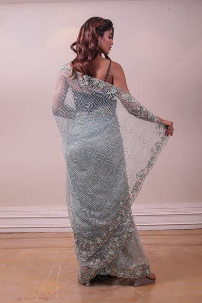 Designer Sky Blue Net Embellished Saree