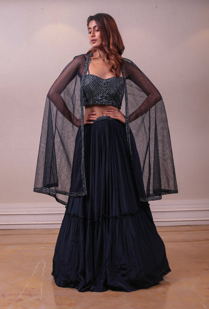 Designer Georgette Embodied Purssian Blue Lehenga