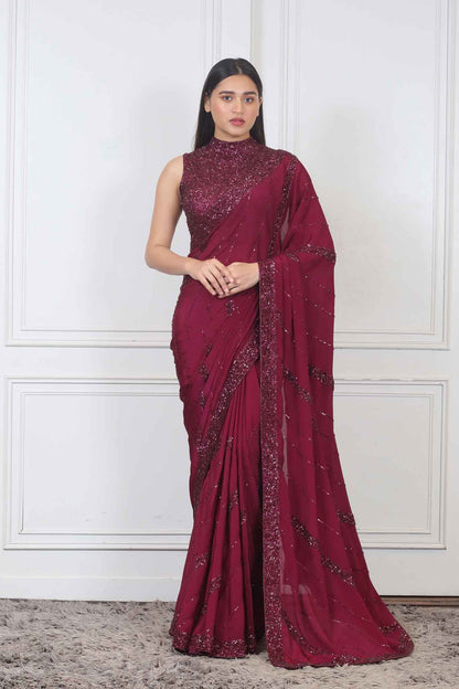 Saree in Wine color with Stitched blouse at online Simaaya