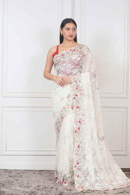 Embroidered Saree in White