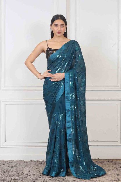 Saree in Sea Blue color at online Simaaya