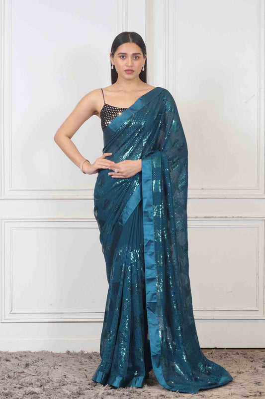 Saree in Sea Blue color at online Simaaya