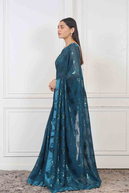 Saree in Sea Blue color at online Simaaya