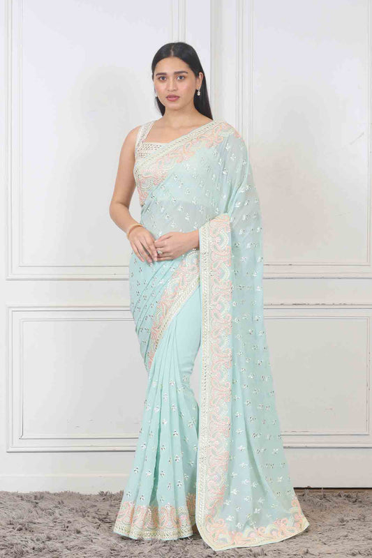 Saree in Light Sky Blue color at online Simaaya