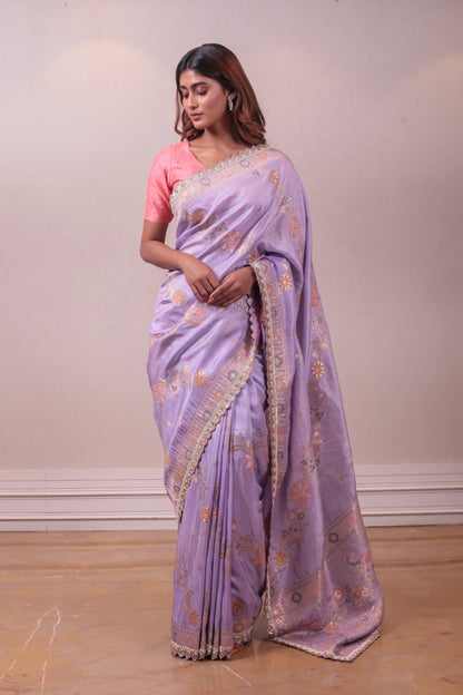 Designer Lavender Muslin Saree