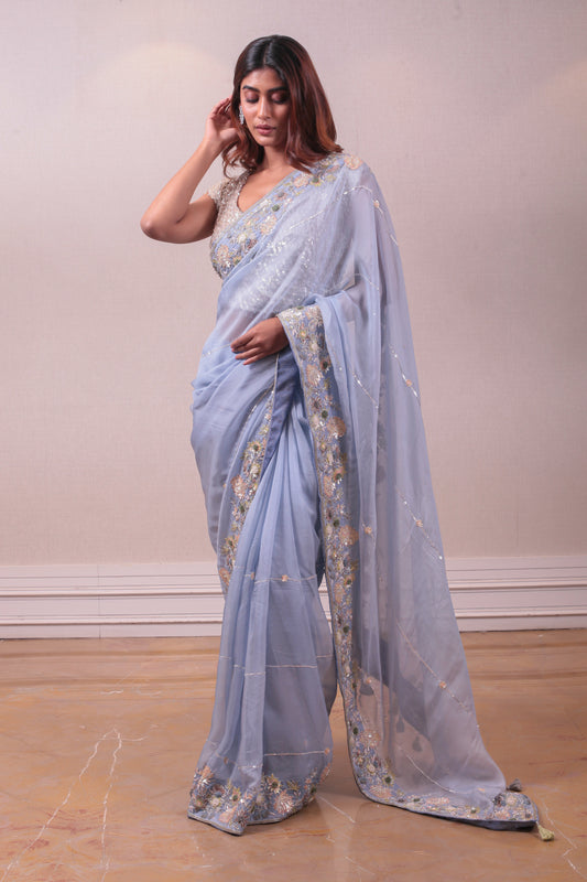 Designer Greyish Blue Muslin Saree