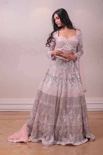 Designer Pink Net Embroidered Lehenga