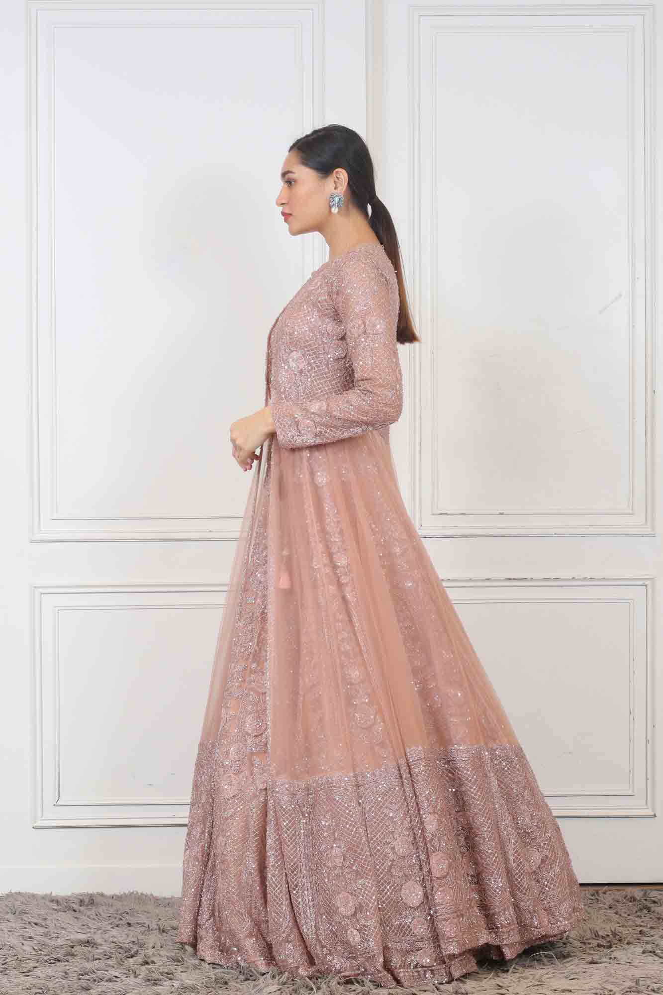 Party wear Gown in Peach color with cape at online Simaaya