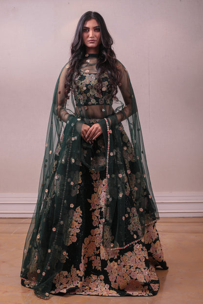 Designer Green Sequence  Lehenga Net Dupatta