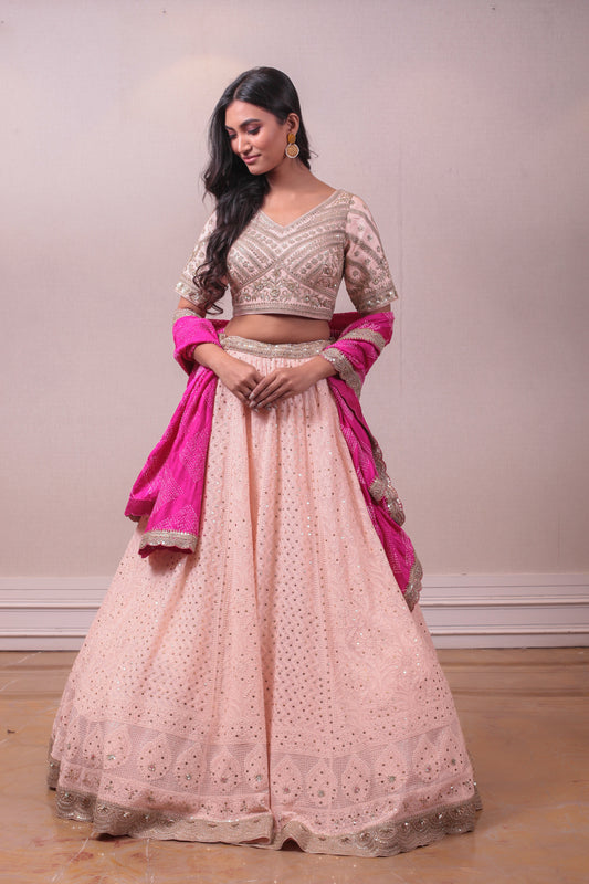 Designer Peach & Pink Lucknowi Chikankari Lehenga with Badhini Dupatta