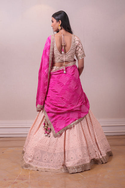 Designer Peach & Pink Lucknowi Chikankari Lehenga with Badhini Dupatta