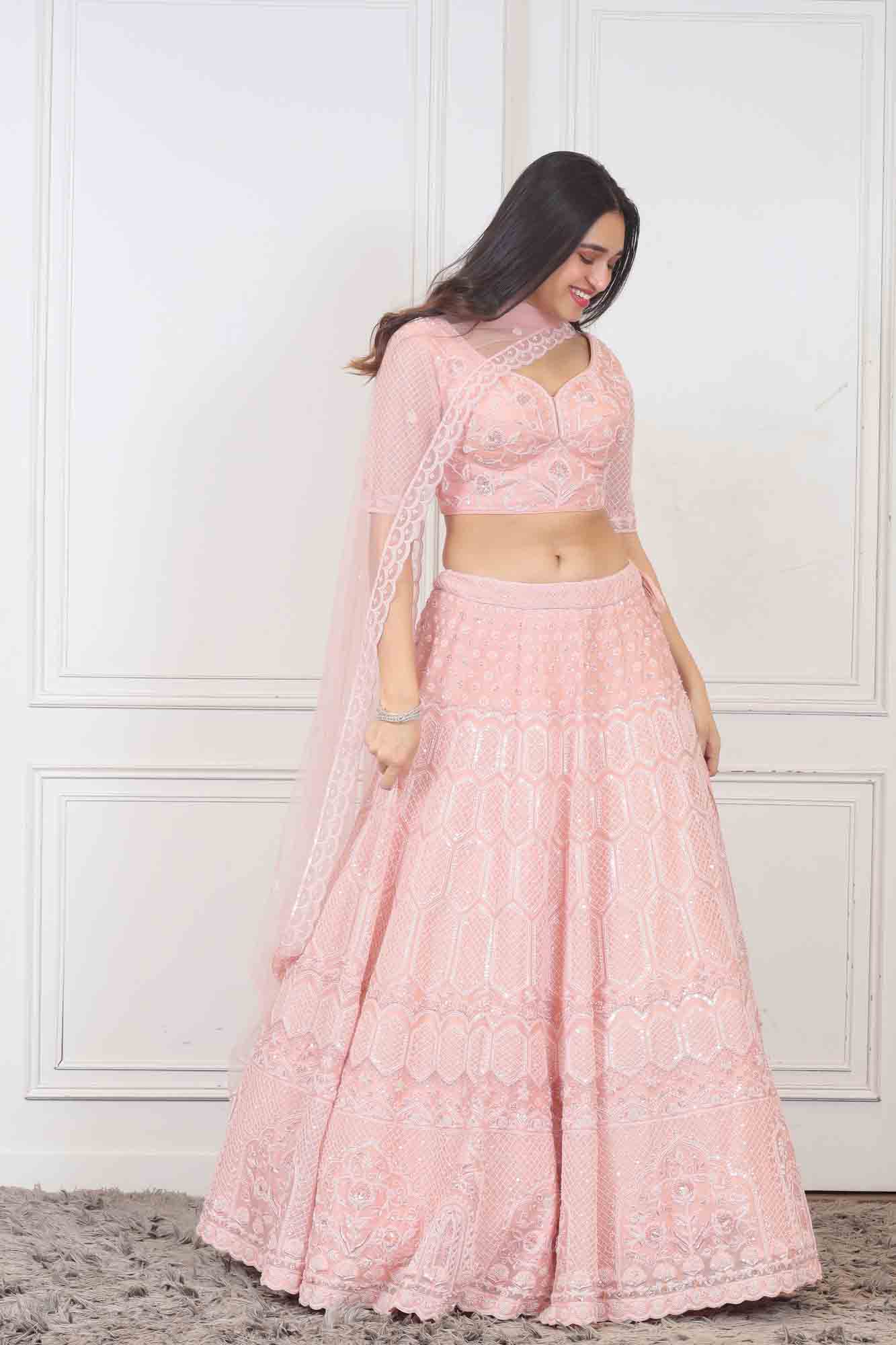 Baby Pink Color Soft Net Designer Zari Work Fashion Lehenga – Gunj Fashion