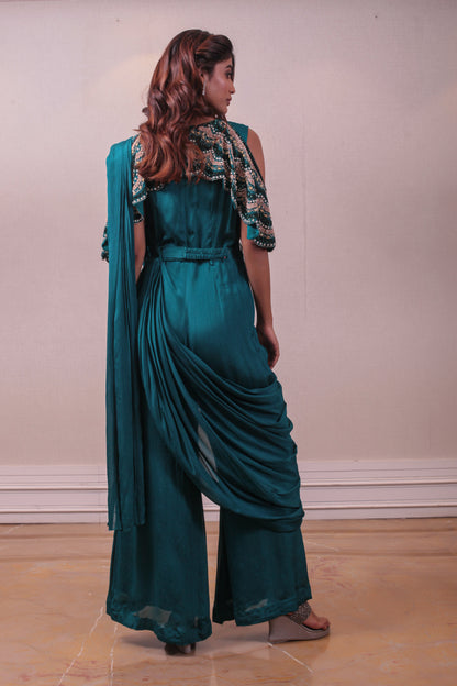 Designer Teal Embellished Crepe Silk Drape saree