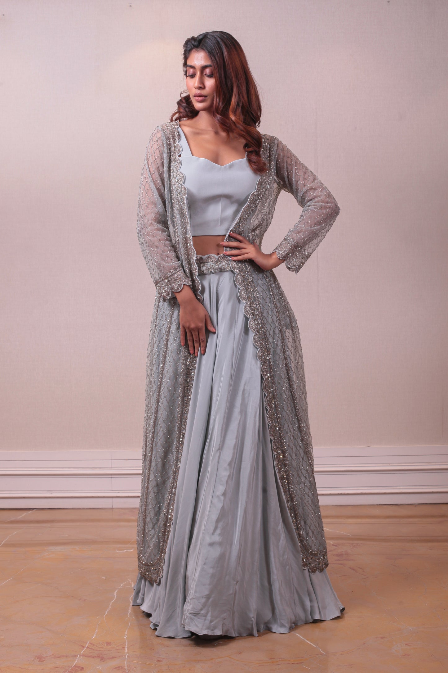 Designer Fusion Greyish Blue Silk lehenga With Net Jacket