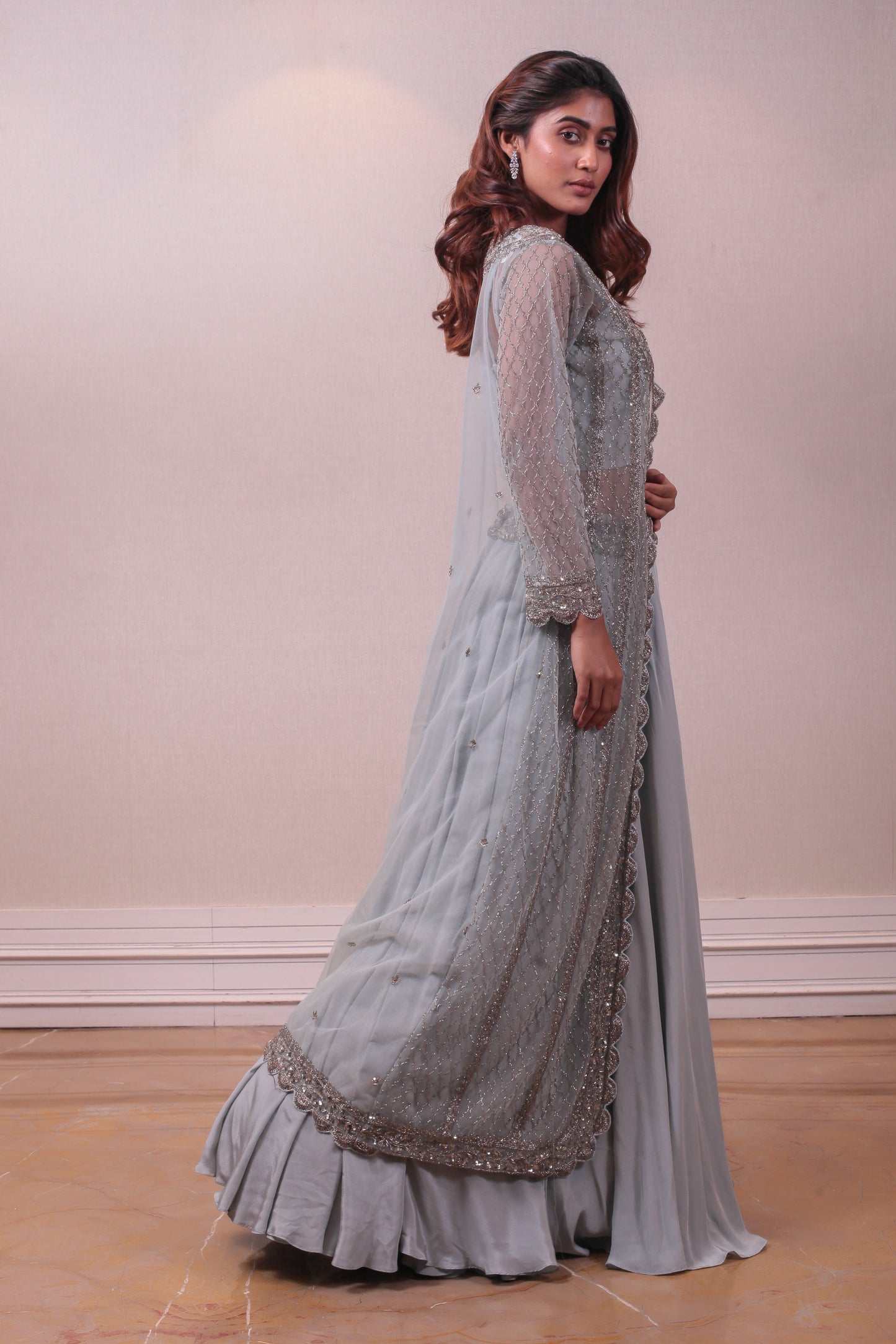 Designer Fusion Greyish Blue Silk lehenga With Net Jacket