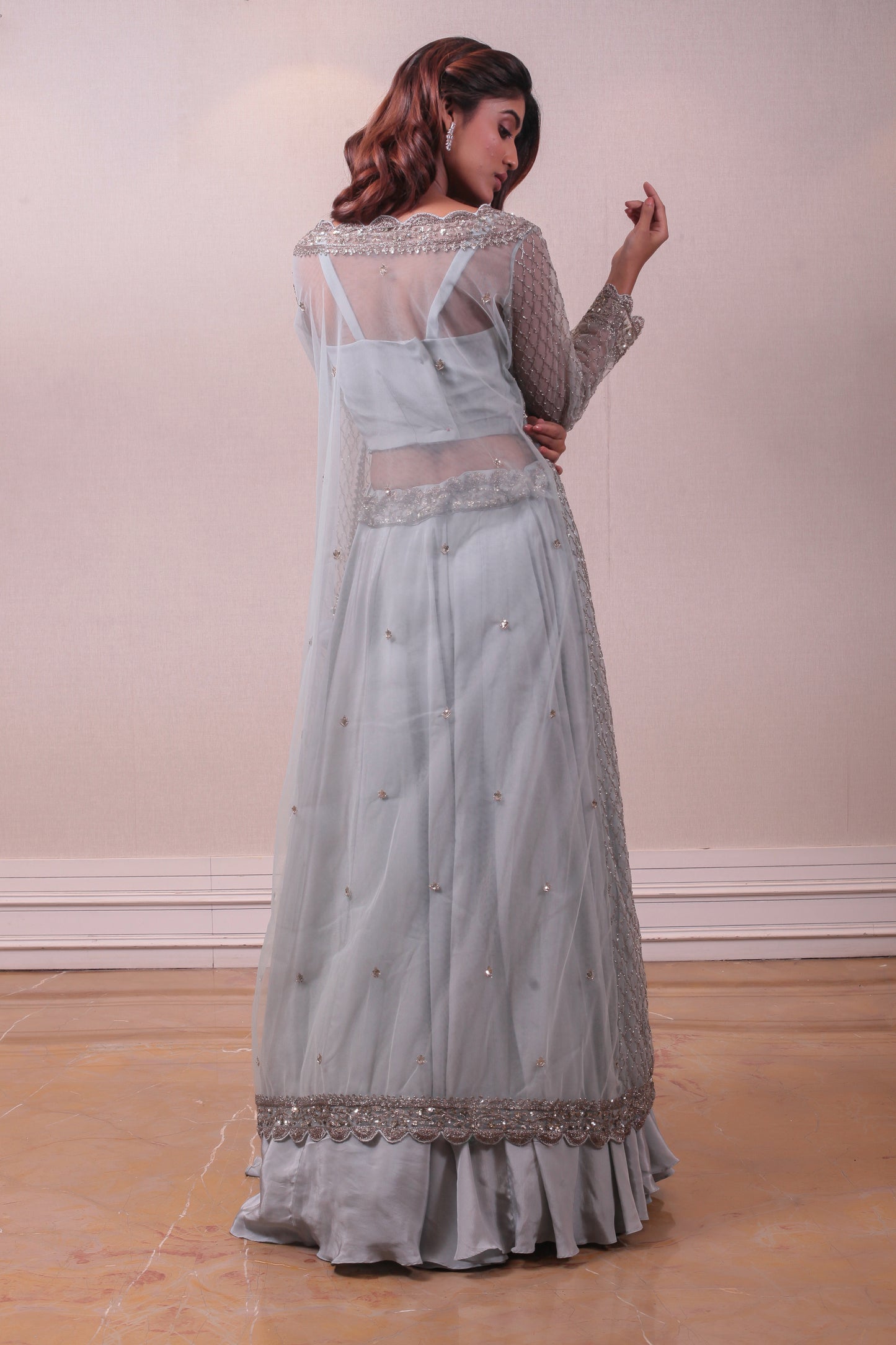 Designer Fusion Greyish Blue Silk lehenga With Net Jacket