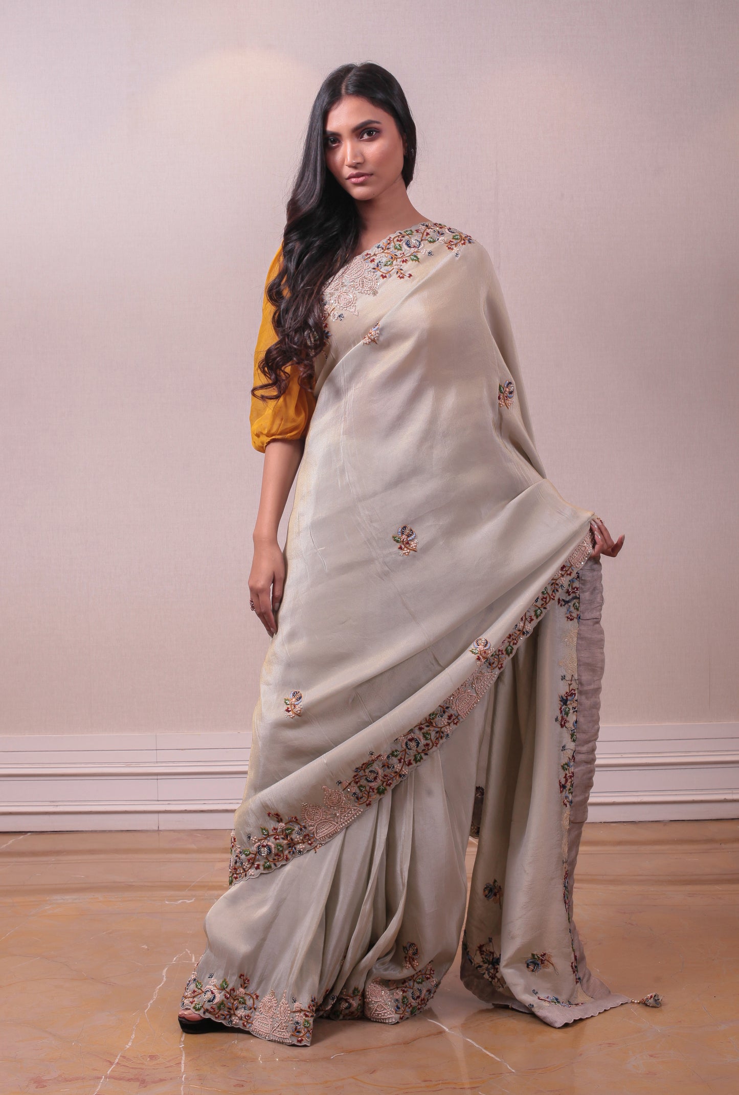 Designer Beige Dola Silk saree