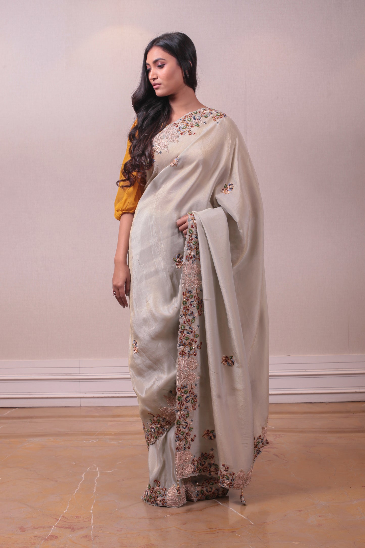 Designer Beige Dola Silk saree