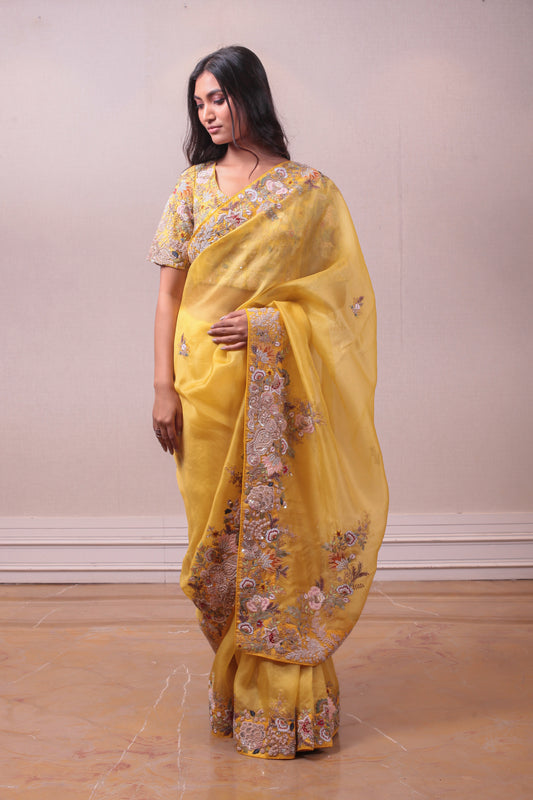 Designer Mustard Yellow Organza Embroidered Saree