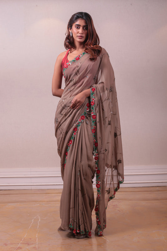 Designer Organic Grey Georgette Embodied Saree