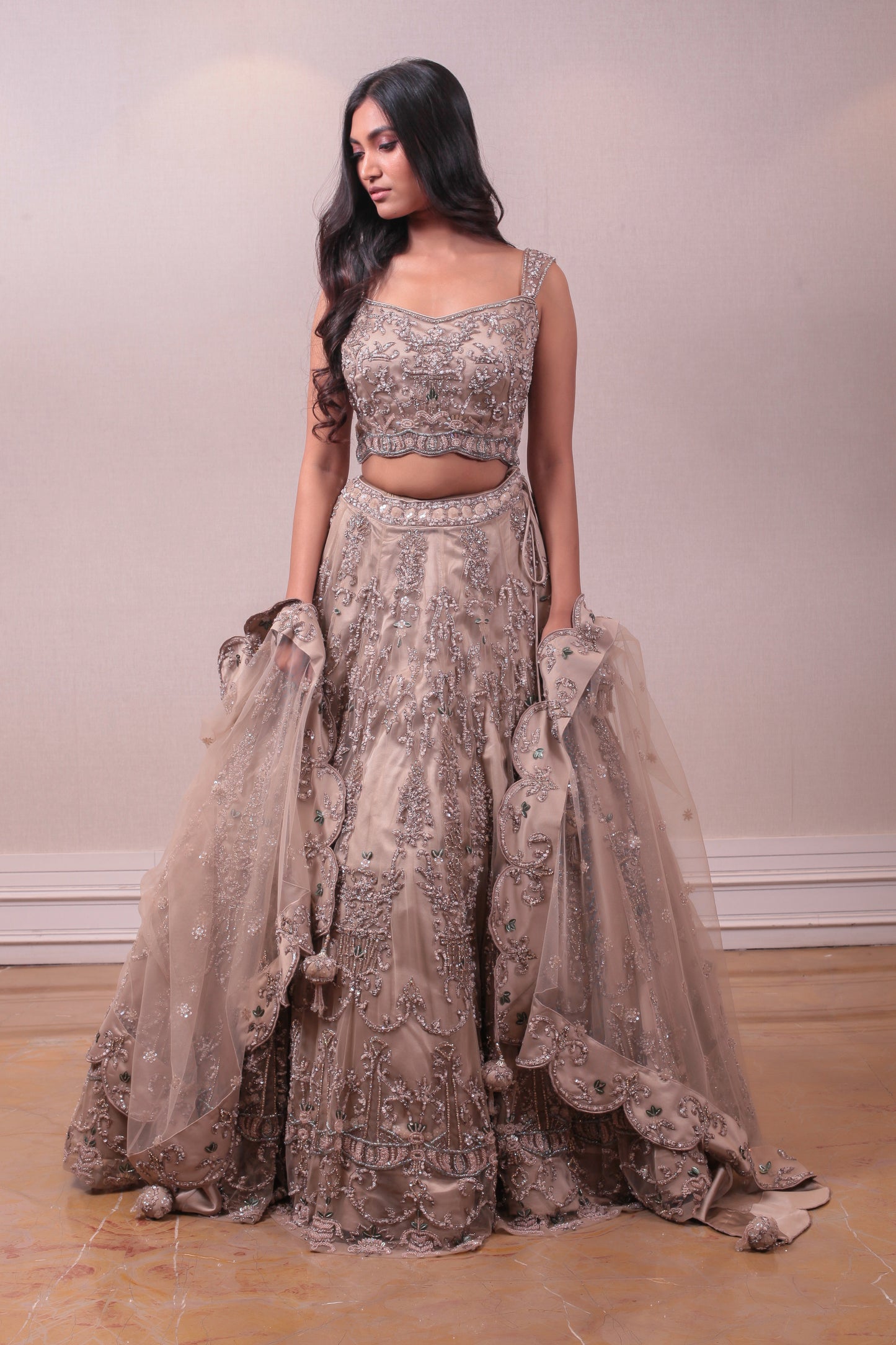 Designer Beige Net Embedded With Satin Lehenga