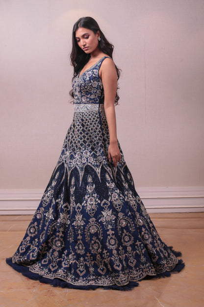 Designer Purssian Blue Raw Silk Embroidered Gown