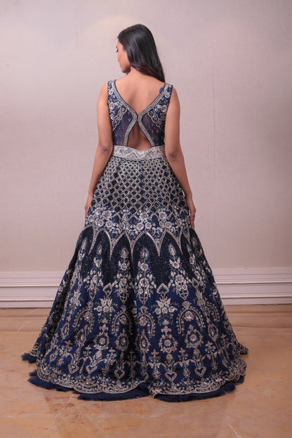 Designer Purssian Blue Raw Silk Embroidered Gown