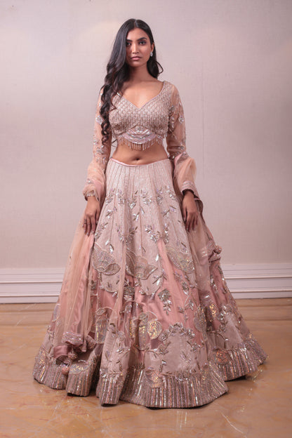 Designer Peach Raw Silk Kardana Work Lehenga