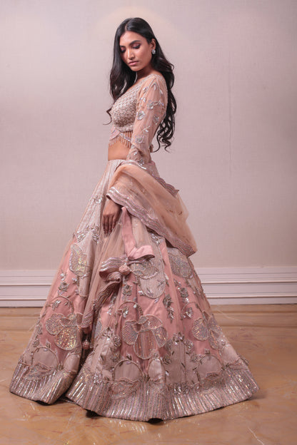 Designer Peach Raw Silk Kardana Work Lehenga