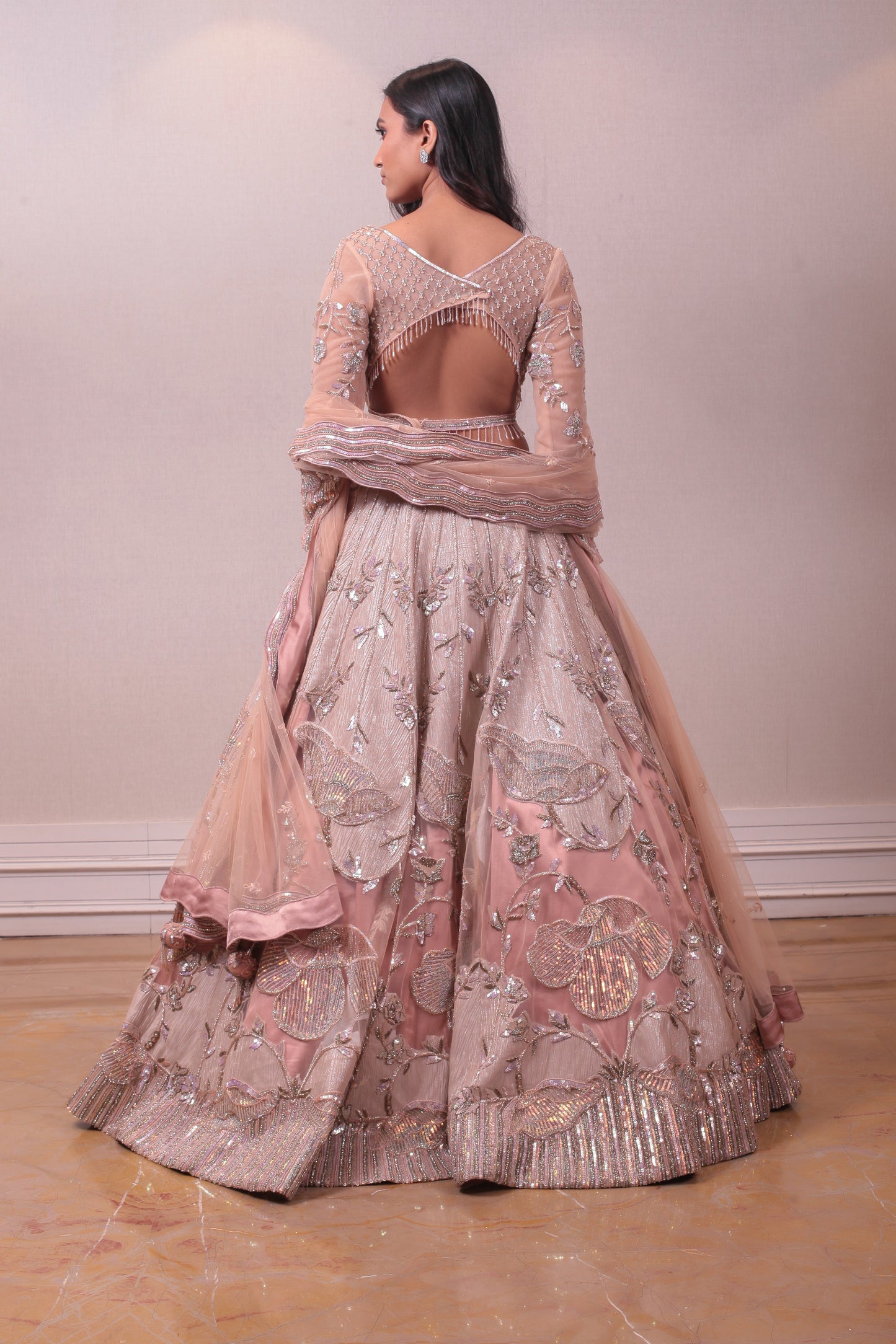 Designer Peach Raw Silk Kardana Work Lehenga