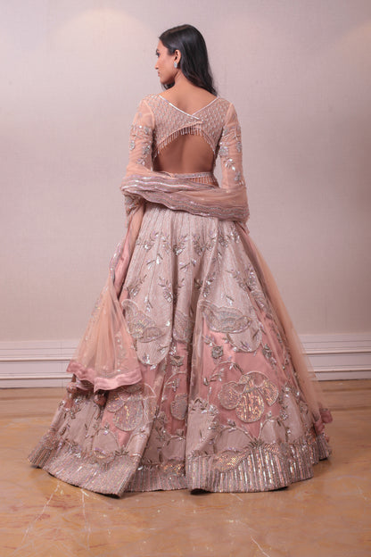 Designer Peach Raw Silk Kardana Work Lehenga