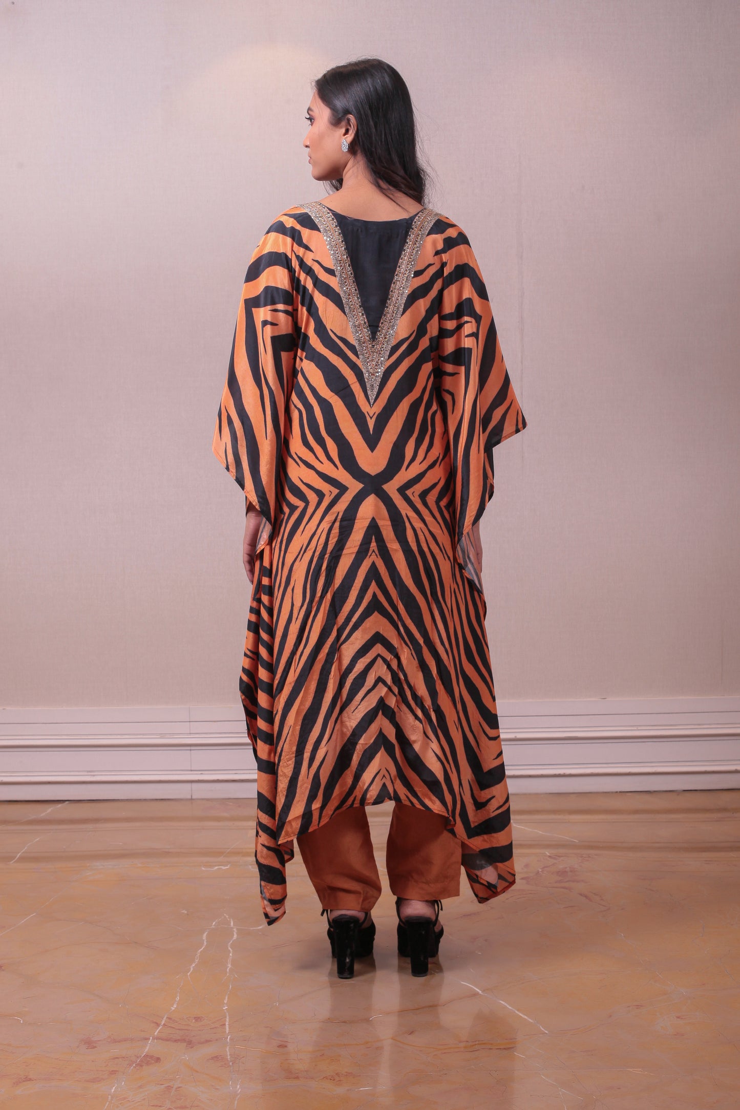 Designer Orange Black Crepe Kaftan Pant