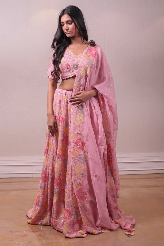 Designer Pink Raw Silk Lehenga With Organza Dupatta