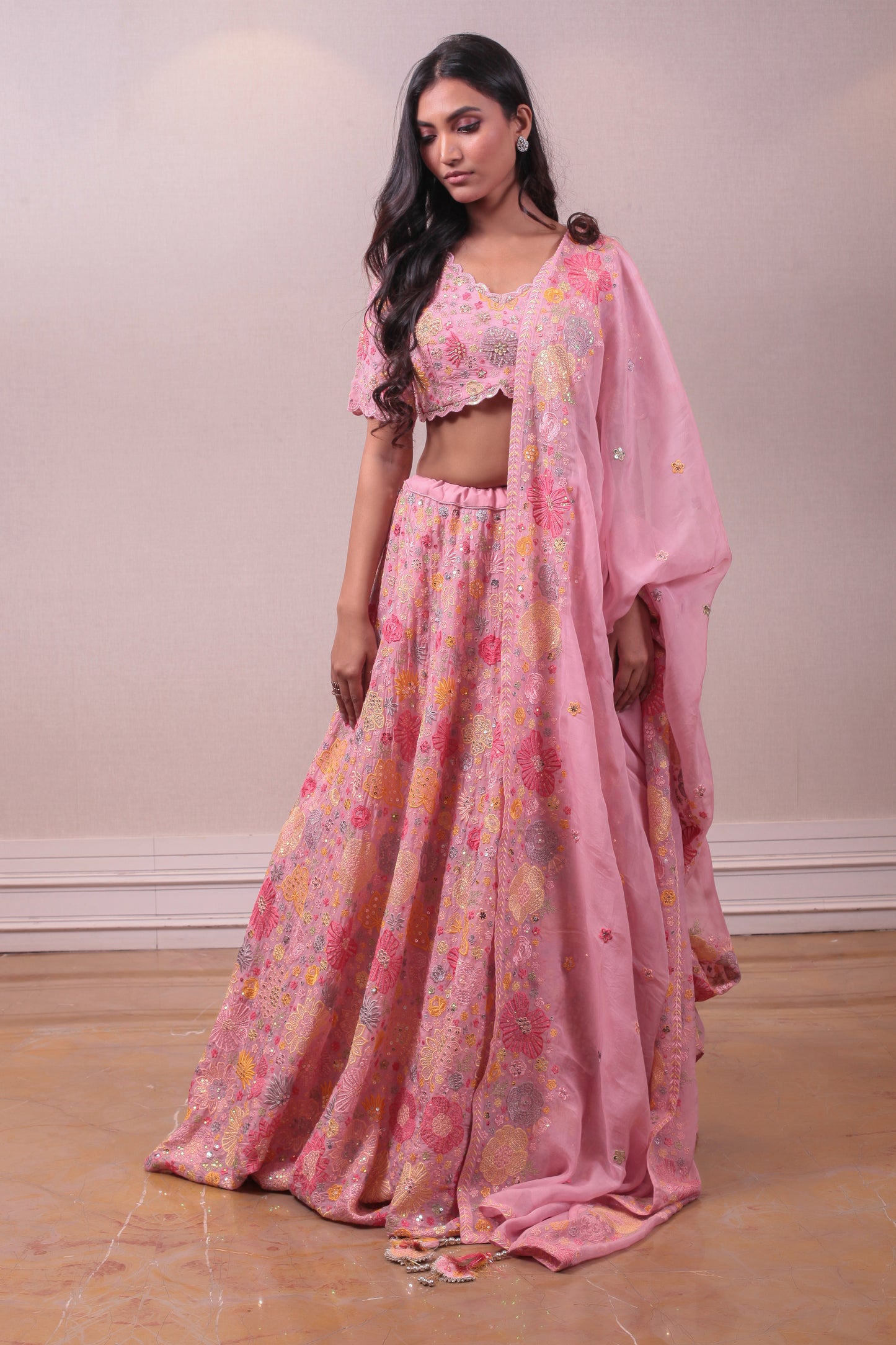 Designer Pink Raw Silk Lehenga With Organza Dupatta