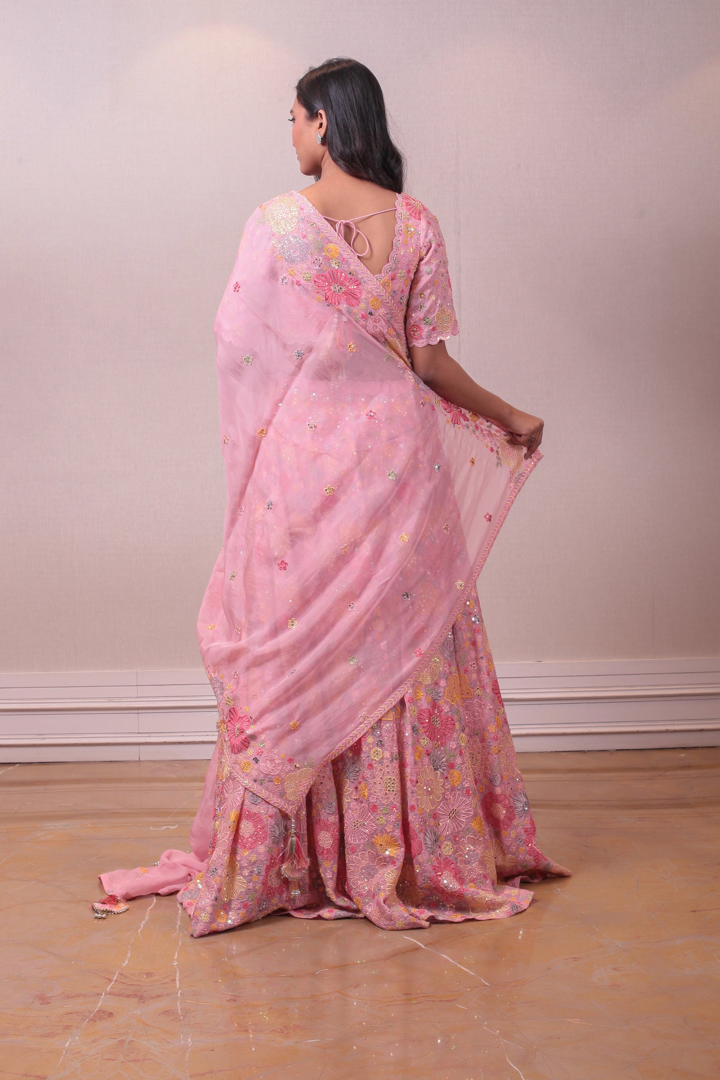 Designer Pink Raw Silk Lehenga With Organza Dupatta