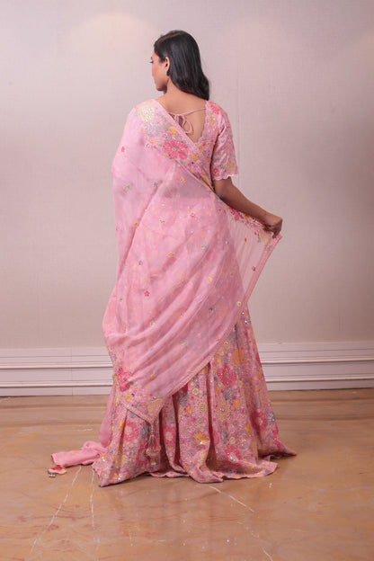 Designer Pink Raw Silk Lehenga With Organza Dupatta