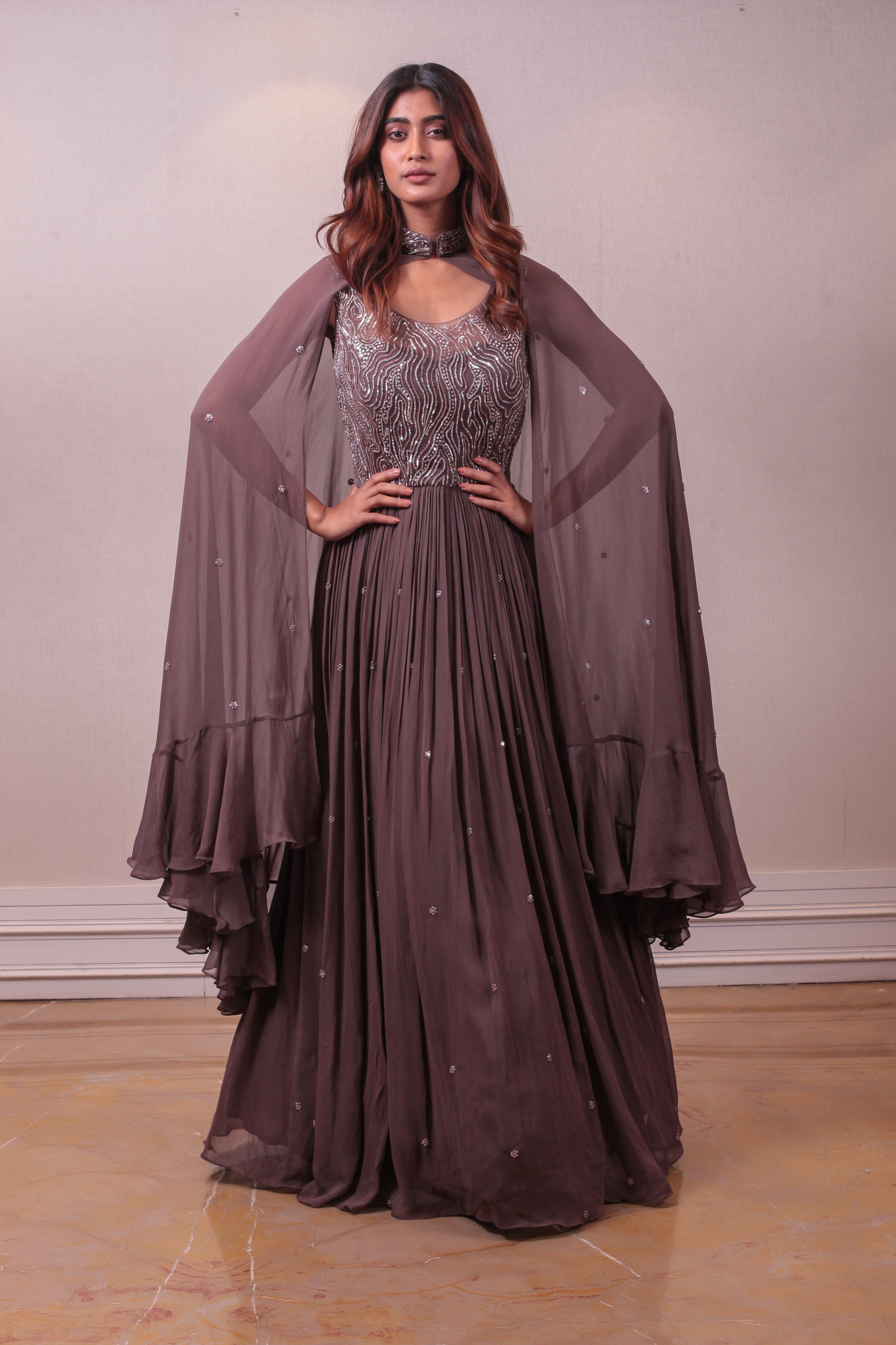 Designer Brown Cape Gown Emblished Chiffon Simaaya