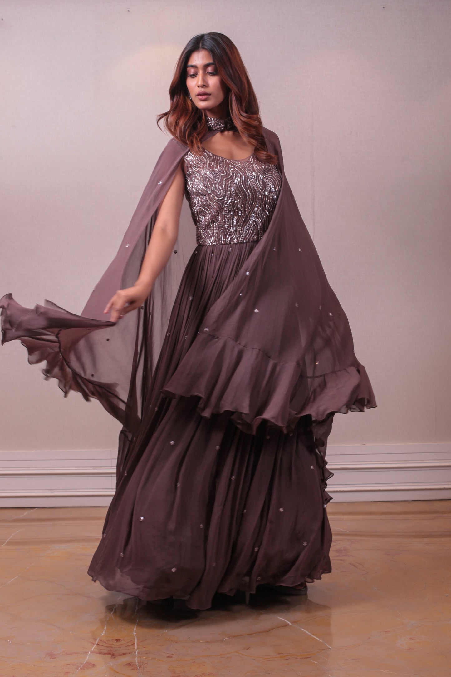 Designer Brown Cape Gown Emblished Chiffon