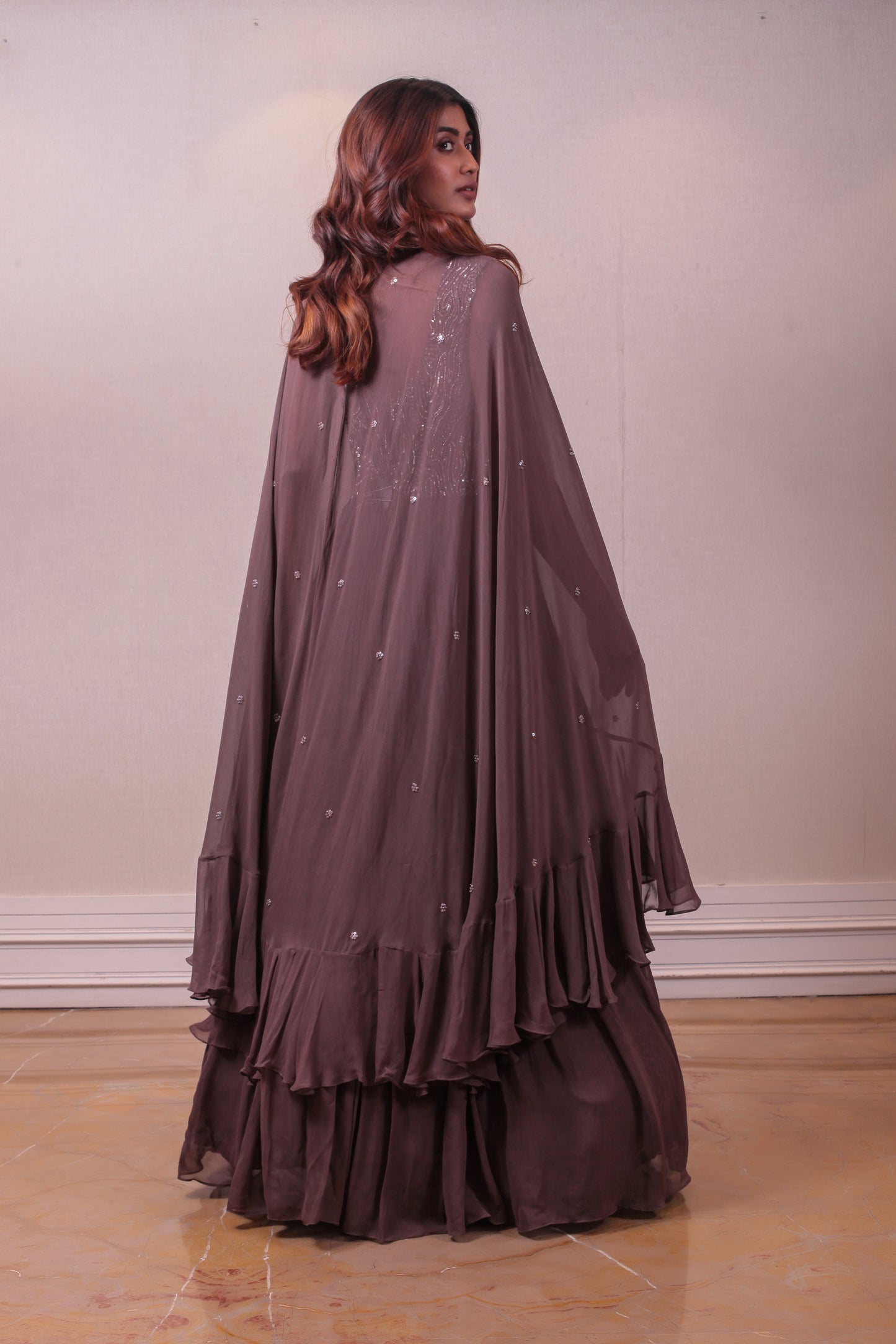 Designer Brown Cape Gown Emblished Chiffon