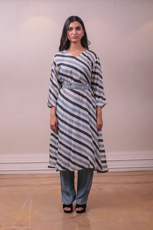 Designer Chalk Blue with Ultamarine Blue Cotton Chanderi Kurti Palazzo Set