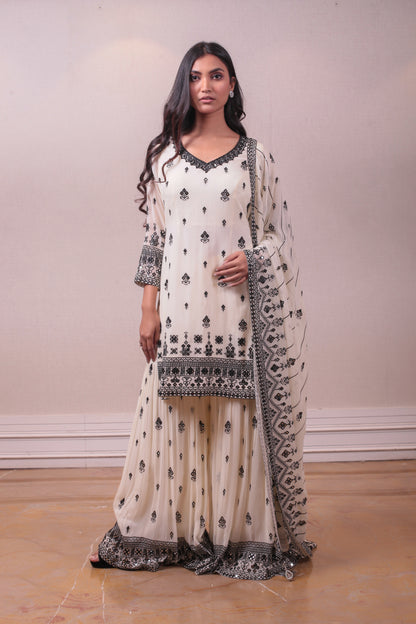 Designer White Black Georgette Embodied Sharara Set