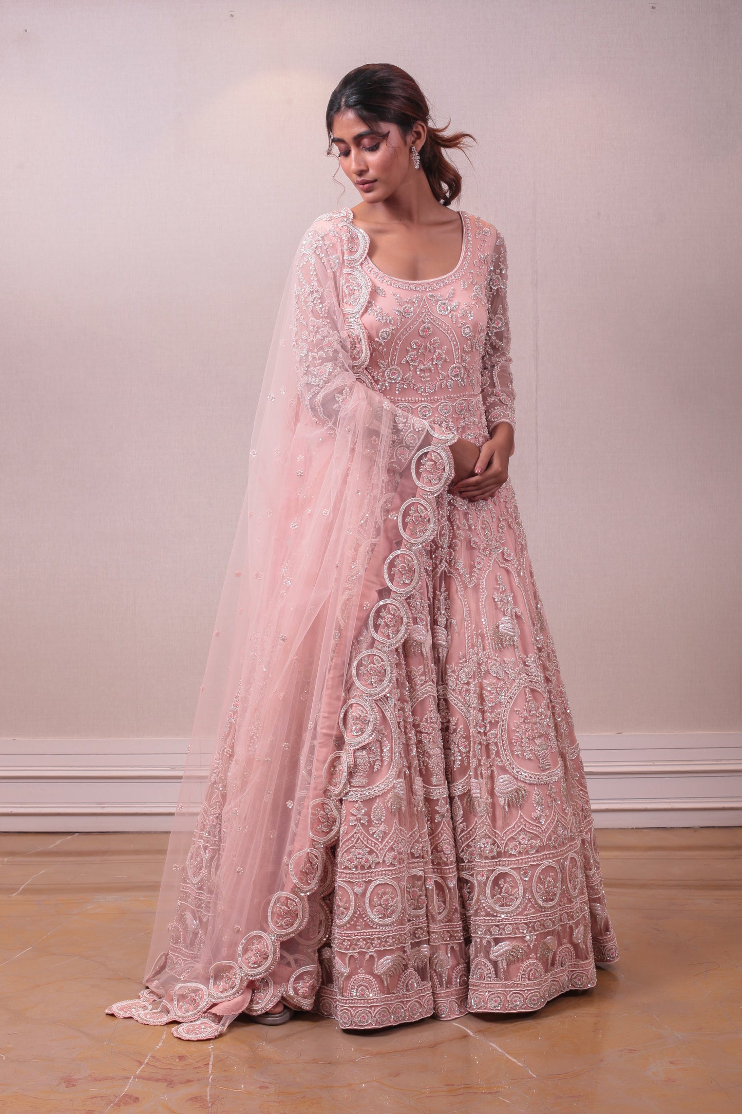 Designer Peach Net Embodied Gown